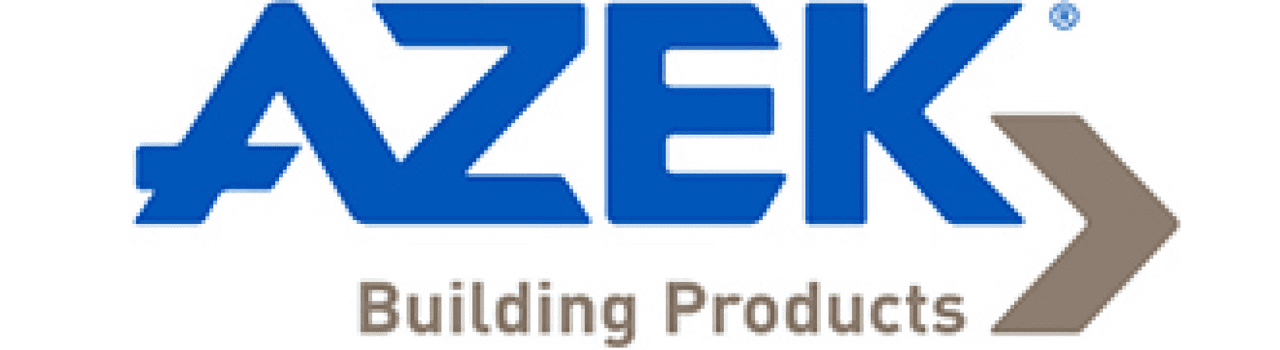 Azek Building Products logo featuring bold blue "AZEK" text and a brown arrow with "Building Products" written below.