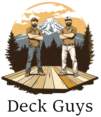 Illustration of two men in matching outfits standing on a wooden deck with a mountain and trees in the background, captioned "Deck Guys.