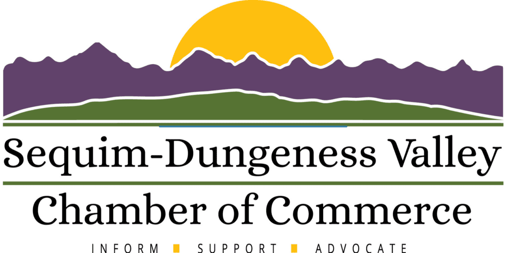 Logo for Sequim-Dungeness Valley Chamber of Commerce featuring a sunrise over purple mountains, with the words "Inform," "Support," and "Advocate" at the bottom.