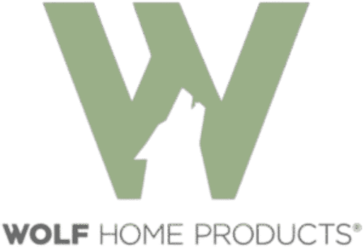 Wolf Home Products logo featuring a large green "W" with a silhouette of a wolf howling, and the company name below in uppercase letters.